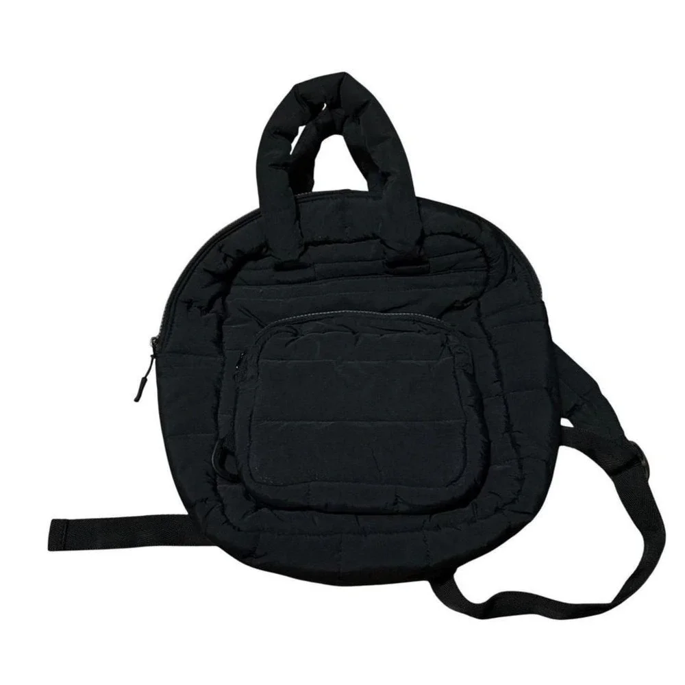 Black‎ Quilted Round Backpack Padded Top Handle Cute Casual Travel Bag